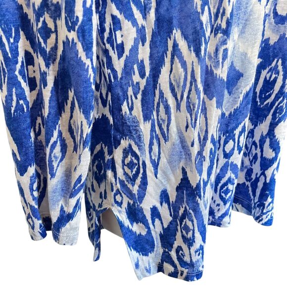 Chicos Womens Ikat Split V Neck 100% Linen Blue Knit Top Long Sleeve White 1/ M - Picture 2 of 16